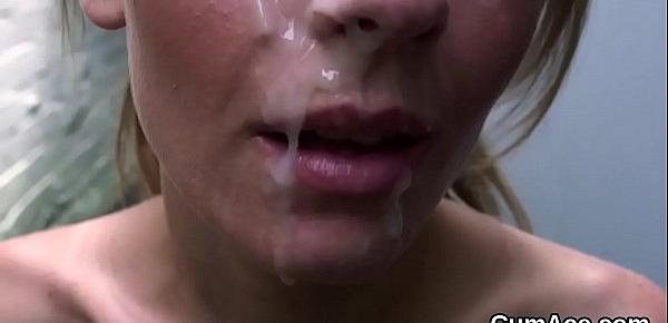  Flirty hottie gets cumshot on her face swallowing all the jizm